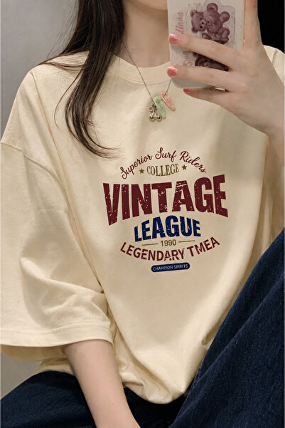 BYMEER Μπεζ Vintage εμπριμέ μπλουζάκι Oversize