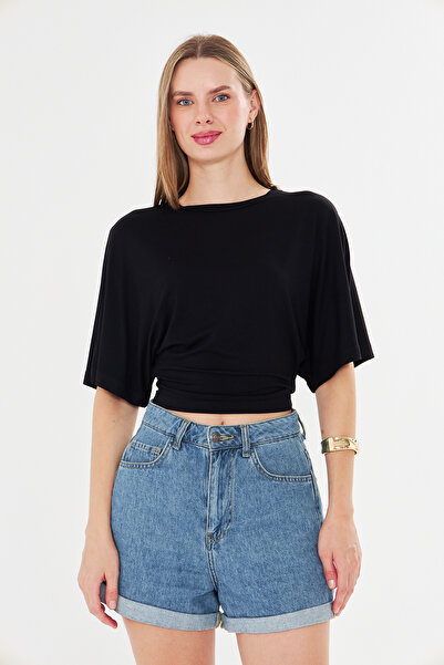 Tight Lady Waist-Slit Wide Sleeve Natural Viscose Black Blouse