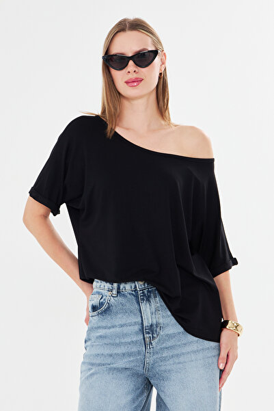 Tight Lady Natural Viscose Women's Boat Neck Off Shoulder Loose Double Sleeve Cotton Soft Textured Black Basic Blouse