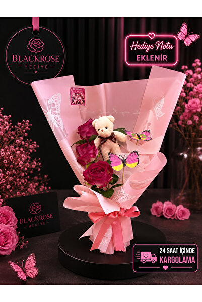 blackrosehediye Kırmızı Gül Buketi Ayıcıklı Kelebekli Romantik Hediye Solmaya...