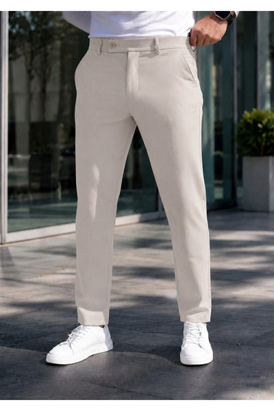 Gussi Erkek Bej Renk Kaliteli Esnek Likralı Slim Fit Kumaş Pantolon