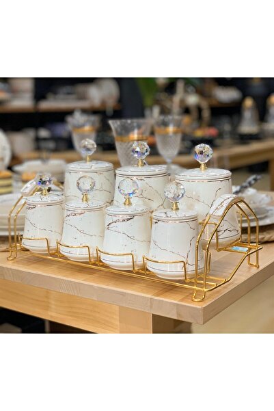 decovien 7-Piece Porcelain Spice Rack with Stand and Crystal Stones, Marble W...