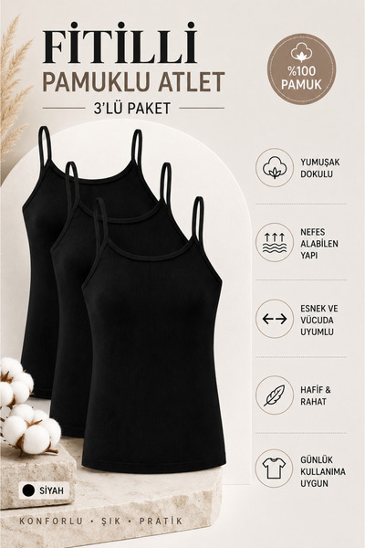 Mudcosıo Women's Black 3-Pack Rope Strap Ribbed Undershirt Cotton Flexible Ca...