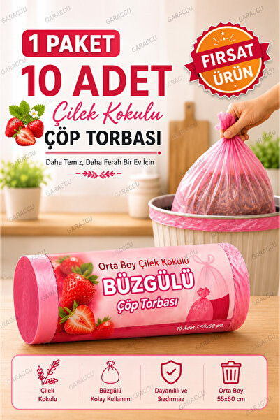 garaccu Çilek Kokulu Büzgülü Çöp Torbası 10'lu 1 Paket - Orta Boy 55x60 Cm