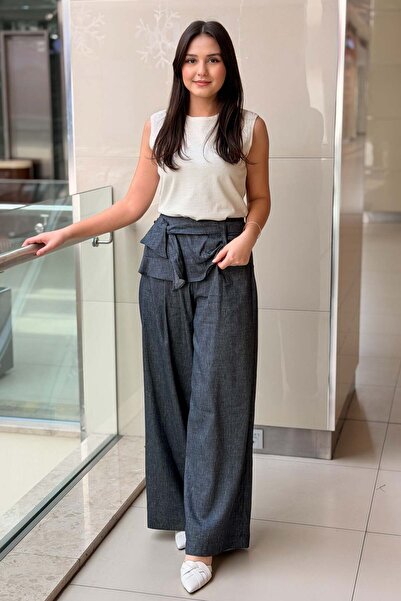 Ceremony Keten Denim Önden Bağlama Detaylı Bol Paça Pantolon