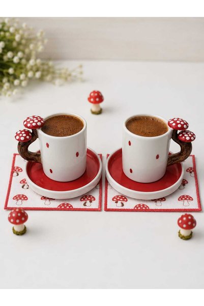 Dİ TAZZA Handmade Dila Design Mushroom Handle 4-Piece Ceramic Coffee Cup Set for 2 People 100 Ml.