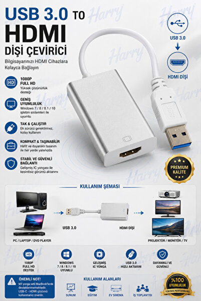 harry Usb 3.0 To Hdmı Çevirici Adaptör Full Hd Usb To Hdmı Harici Ekran