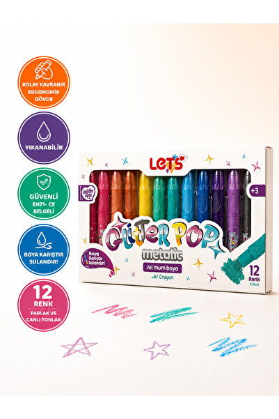 Lets Glitterpop Metalik 12’li Yıkanabilir Jel Mum Boya – Kolay Temizlenir