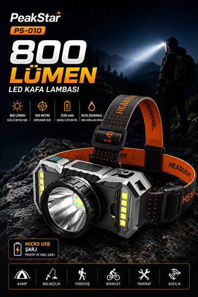 PeakStar Ps-010 800 Lümen Şarj Göstergeli Cob Led Usb'li Şarjlı Kafa Lambası