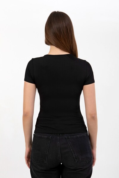 HDM Women's Black Drawstring Detailed Ribbed Regular Fit Casual Blouse - H6040