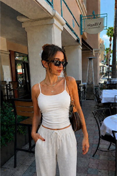 COMBİNE MİCHAİL Women's Basic Thin Strap Tight White Crop Blouse
