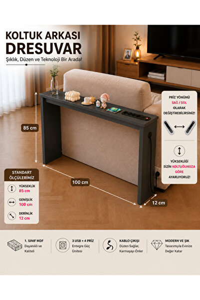 TrMuko Café Royale Vintage & USB-Tech Konsol Raf - 3 USB + 4 Priz Girişli MDF...