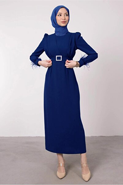 TRENDTESETTÜR WOMEN'S NAVY BLUE (SAX) FEATHER DETAILED BELT DRESS T 80047
