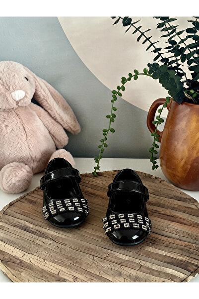 Rexba Taşlı Kız Çocuk Babet - Cırtlı Abiye Ayakkabı - Siyah - BB-TAS02-S