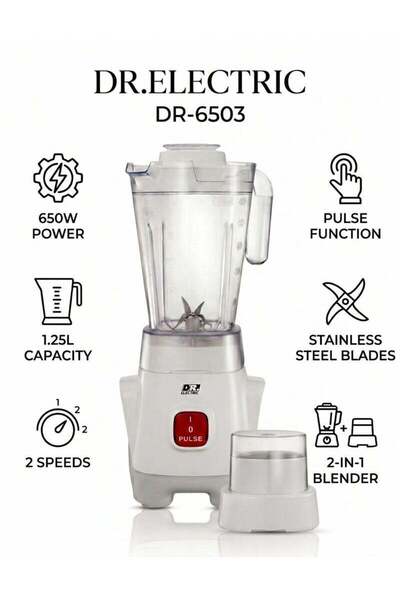 DR.ELECTRIC خلاط كهربائي 2 في 1، 650 واط، 1.25 لتر، سرعتين مع نبض، شفرات ستان...