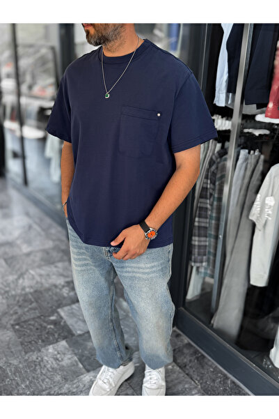 BYBASICMAN Lacivert Cepli Yıkamalı Oversize T-Shirt C-011