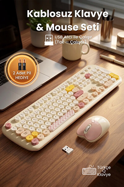 Geezer Kablosuz Klavye Ve Mouse Set 100 Tuşlu Retro Ve Şık Daktilo Renkli Tuş...