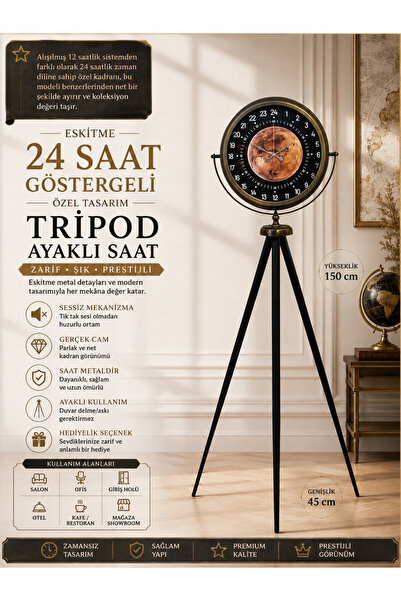 Genel Markalar Eskitme 24 Saat Göstergeli Özel Tasarım Tripod Ayaklı Saat