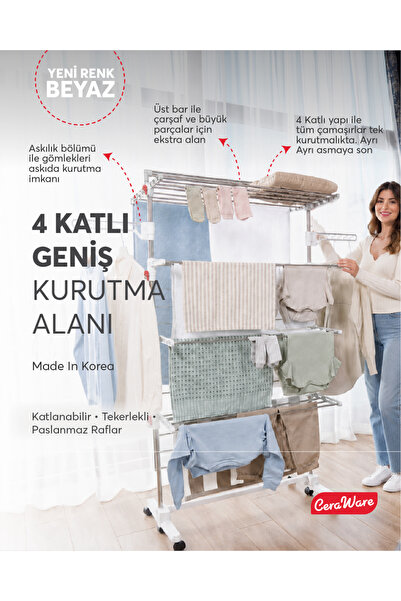 Ceraware Home S4 Premium 4 Katlı BEYAZ Çamaşırlık Made in Korea Tam Katlanır ...