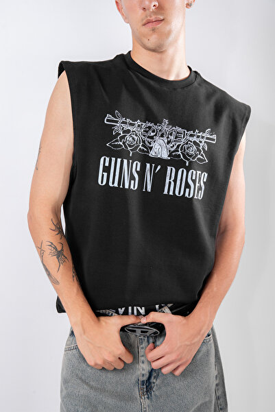 Sekizbiraltı Guns N' Roses Baskılı Siyah Sıfır Kol Tişört