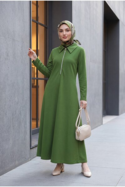 Modamorfo Half Zipper Shirt Collar Long Dress -Dark Green