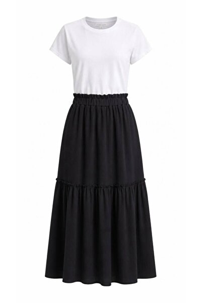 Eight Fashion Women's Black Layered Long Viscose Maxi Skirt with Elastic Waist