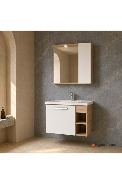 KALE Mare 80 Cm Beyaz-Meşe Banyo Dolabı Takımı