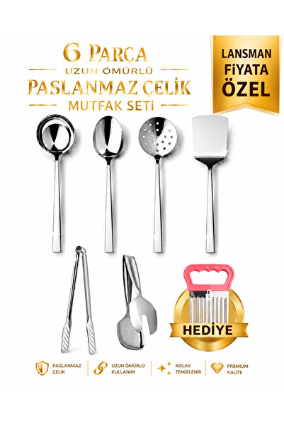 Birpa Premium 6 Parça Paslanmaz Çelik Mutfak Servis Seti – Kepçe, Kevgir, Spa...