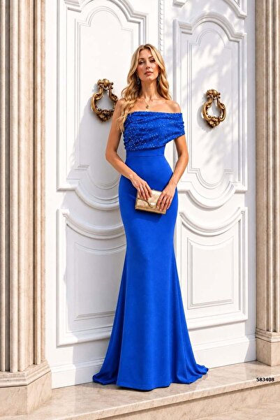 Modafeminen Saks Glitter Fabric Single Sleeve Stone Embroidered Fish Model Ev...