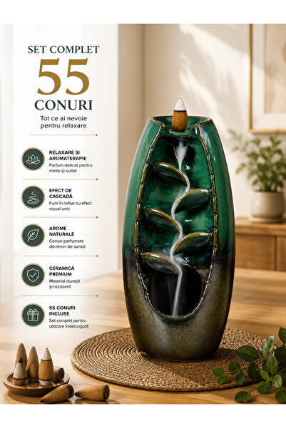 Ruhhy Suport aromaterapie tip cascada cu 55 conuri parfumate, efect backflow waterfall, 20 x 12 x 10 cm, ceramica lemn stejar, Verde grafit