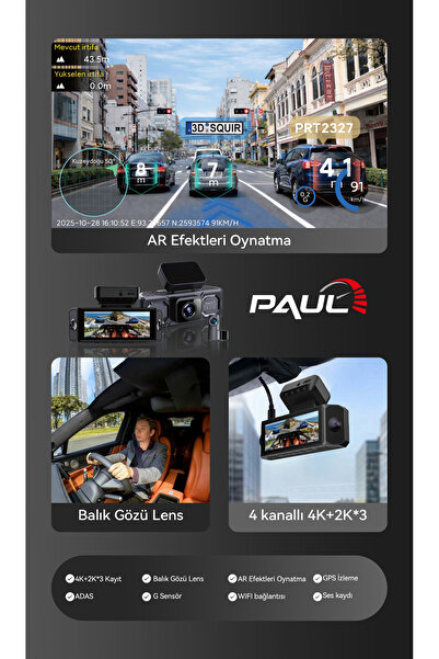 PAULLED PAUL LENS 360Pro 4K Yapay Zekalı 4 Göz Araç Kamerası, Ön Arka Plaka Okuma Sağ Sol Balık Gözü Geniş Açılı, GPS Harita, ADAS, 5G Wi-Fi, Hız Göstergeli