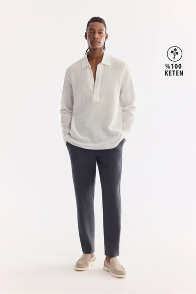 Avva Erkek Antrasit Beli Lastikli %100 Keten Relaxed Fit Pantolon B003032