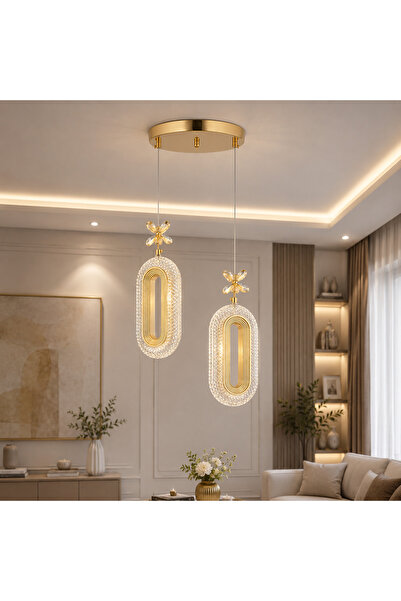 EY-EL TASARIM 2 Lİ DEFNE 3 RENK MODLU KRİSTAL TAŞLI LEDLİ SARKIT AVİZE