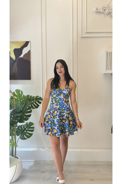 SHIN Butik Mavi Limon Desenli İnce Askılı Kalp Yaka Volanlı Mini Elbise