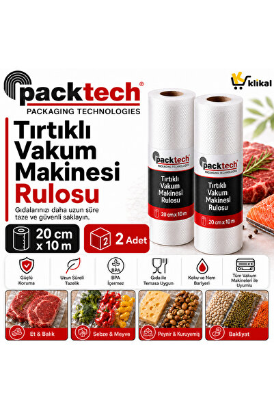 Packtech Tırtıklı Rulo Vakum Makinesi Poşeti- Torbası 20 Cm X 10 Metre