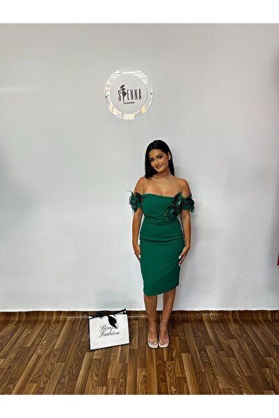 Sienna Fashion Rochie midi elegantă verde smarald cu umerii goi