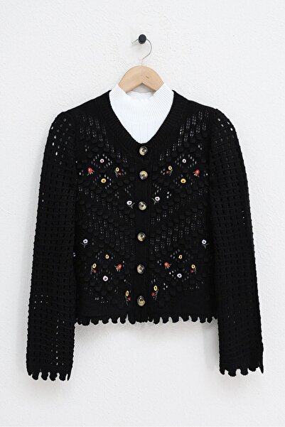 Modamorfo Cardigan pulover ajurat cu pompon brodat floral