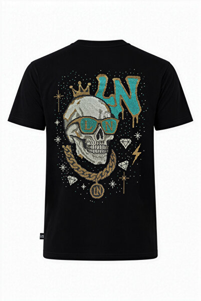 STRSP-LN Noir Monarch,Taşlı T-shirt , %100 Pamuk,Uniseks, Siyah ,Bisiklet Yaka,Rhinestone Tasarım
