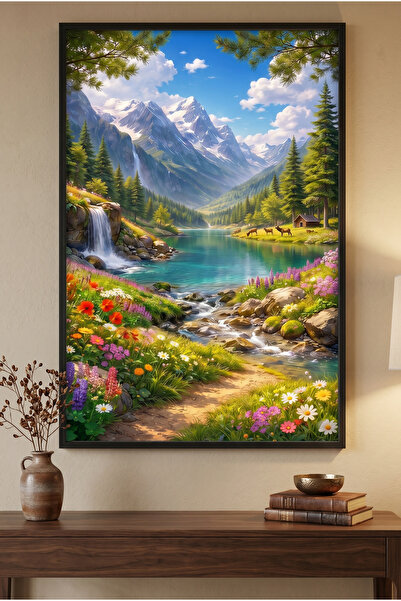 ARTAN GALLERY Doğa Manzaralı Kadife Tablo 40 mm Kalın Siyah Çerçeveli Dağ Göl...