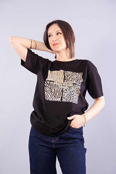 Mckanzie 2002 Tricou cu decolteu în formă de O, cu imprimeu leopard și pietre