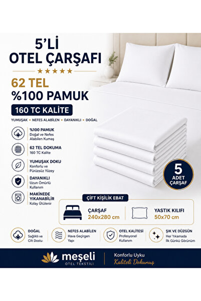 MEŞELİ TEKSTİL 5 قطع من ملاءات الفنادق المتينة مقاس 240×280 سم |   يدوم طويلا...