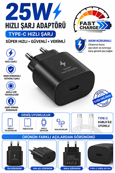 Astakos 25W Hızlı Şarj Adaptörü Type-C Kablo Uyumlu Akım Korumalı Güvenli Şar...