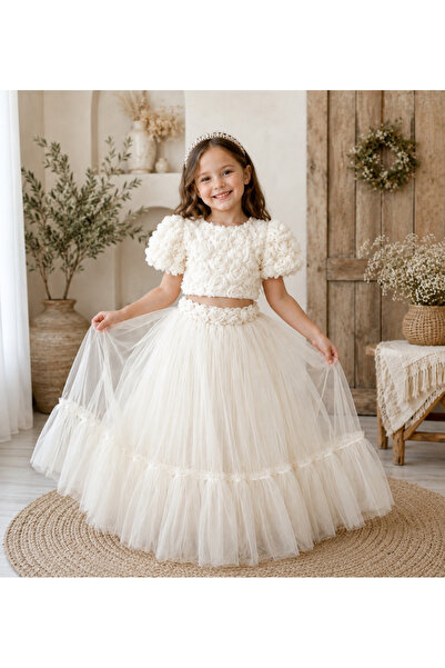Alvadonna Embossed Rose Detail, Tie Back Bow Detail Crop Top, Long Tulle Skir...