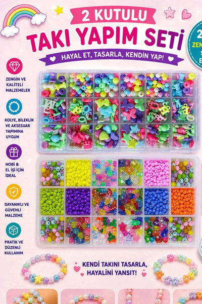 By MO Accessories Mega 2'li Kutuda Takı Yapma Seti Boncuk Hobi Seti Rengarenk...