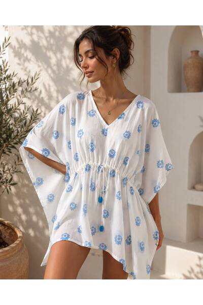 Eight Fashion Women's White Blue Floral Patterned Waist Tied Cotton Beach Kaf...