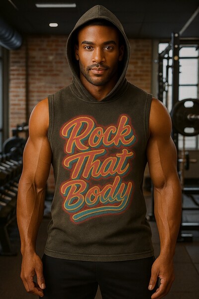 technomonkey Black Men's Hooded Trainning Sportsman Tank Top Oversize Washed Rockthatbody Printed Sleeveless T-Shirt
