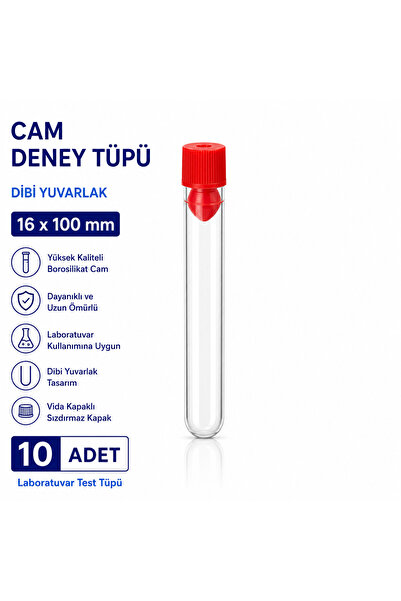 Labolist 16x100 Mm Cam Deney Tüpü Dibi Yuvarlak Kapaklı 10 Adet Laboratuvar T...