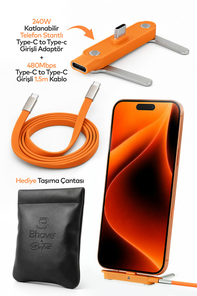 Bhave Katlanabilir Standlı 240W Ultra Hızlı Type-C Şarj Kablosu 1.5mt Deri Ta...
