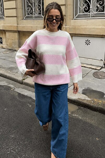 Madmext Pink Crew Neck Striped Knitwear Women's Sweater Mg2472