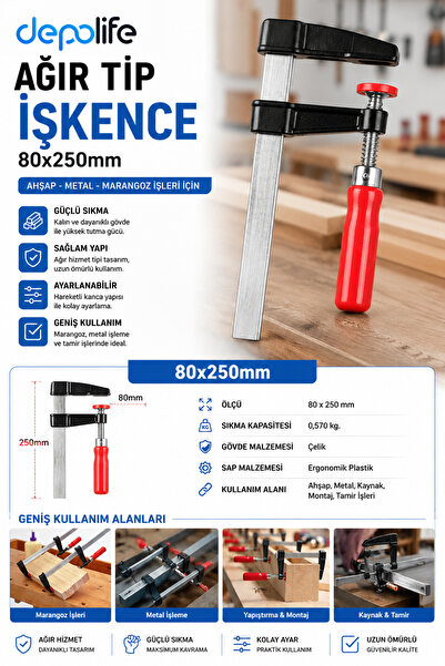 Depolife Demirci İşkence Ağır Tip 80x250 Ayarlı Kanca Marangoz Ahşap Metal Kı...